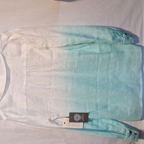 Vince Camuto long sleeve,  linen blouse, top. Xs. Auqa,  white. Button sleeve - Picture 5 of 10